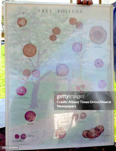 Larry Syzdek, an aerobiologist who counts pollen for a national database, holds up charts of different pollens at his farm on Friday, May 3, 2013 in...