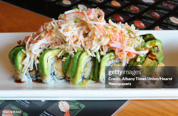 Hazel roll at Sushi Na Ra on Friday, May 10, 2013 in Clifton Park, N.Y. This roll is made with shrimp tempura, cucumber covered with avocado tempura...