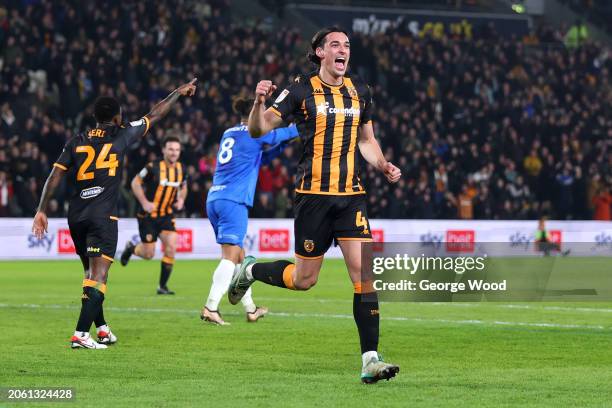 Jacob Greaves of Hull City celebrates his team's first goal scored by teammate Ozan Tufan during the Sky Bet Championship match between Hull City and...