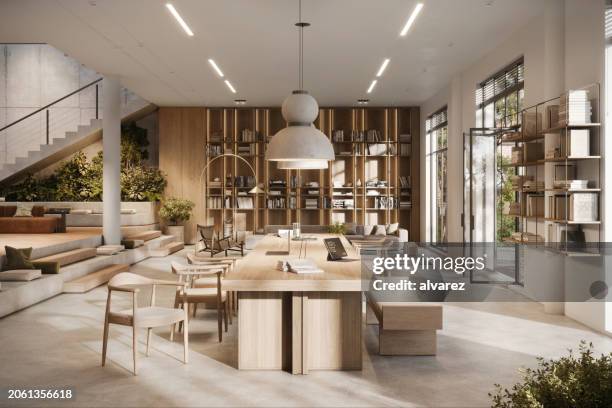 digital visual of a contemporary office with biophilic design and spacious layout - biophilic office design stock pictures, royalty-free photos & images