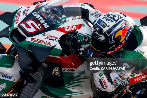 Honda French rider Johann Zarco steers his bike during the first free practice session of the Qatar MotoGP Grand Prix at the Lusail International...