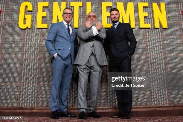 Max Beesley, Ray Winstone and David Beckham attend the UK Series Global Premiere of "The Gentlemen" at the Theatre Royal Drury Lane on March 05, 2024...