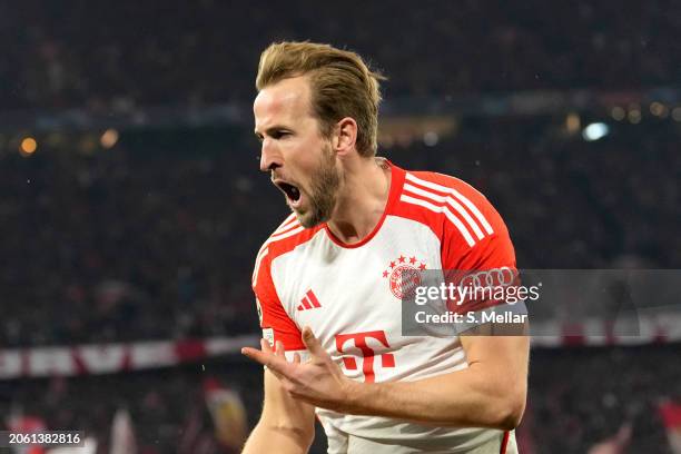 Harry Kane of Bayern Munich celebrates scoring his team's first goal during the UEFA Champions League 2023/24 round of 16 second leg match between FC...