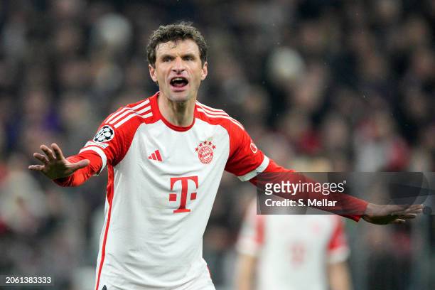 Thomas Mueller of Bayern Munich reacts during the UEFA Champions League 2023/24 round of 16 second leg match between FC Bayern München and SS Lazio...