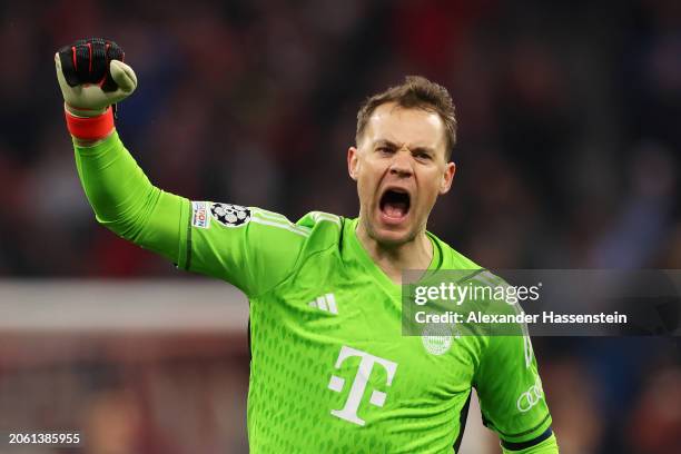 Manuel Neuer of Bayern Munich celebrates his team's second goal scored by teammate Thomas Mueller during the UEFA Champions League 2023/24 round of...