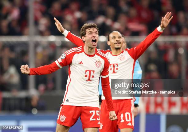 Thomas Mueller of Bayern Muenchen celebrates as he scores the goal 2:0 with Leroy Sane of Bayern Muenchen during the UEFA Champions League 2023/24...
