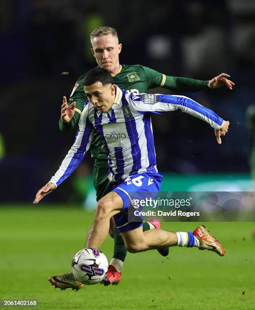 Ian Poveda of Sheffield Wednesday is challenged by Adam Forshaw during the Sky Bet Championship match between Sheffield Wednesday and Plymouth Argyle...