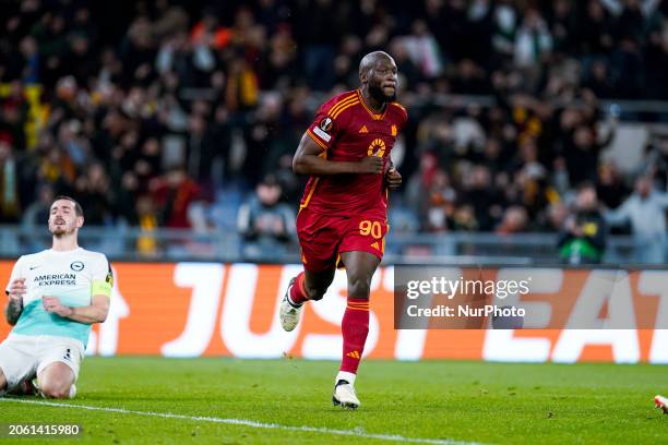 Romelu Lukaku of AS Roma celebrates after scoring second goal during the UEFA Europa Round of 16 first leg match between AS Roma and Brighton &amp;...