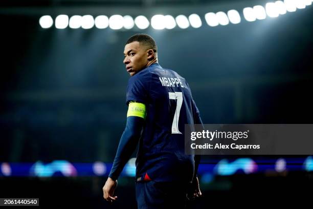 Kylian Mbappe of Paris Saint-Germain looks on during the UEFA Champions League 2023/24 round of 16 second leg match between Real Sociedad and Paris...