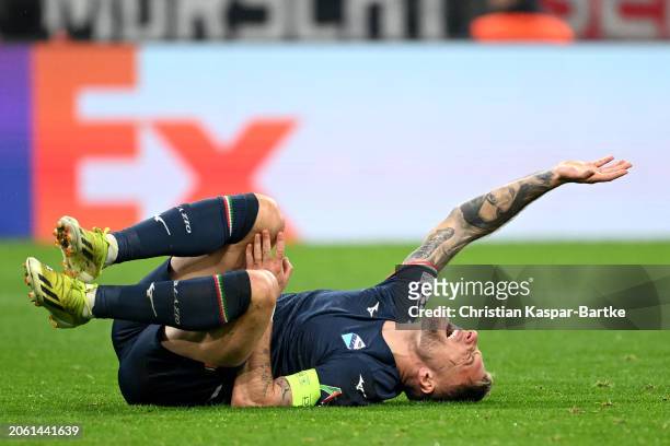 Ciro Immobile of SS Lazio reacts during the UEFA Champions League 2023/24 round of 16 second leg match between FC Bayern München and SS Lazio at...
