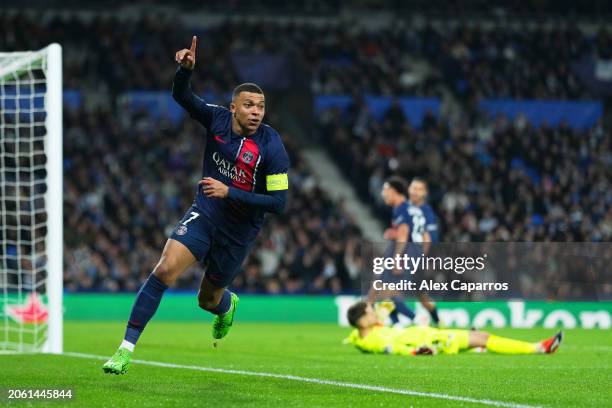 Kylian Mbappe of Paris Saint-Germain celebrates scoring his team's second goal during the UEFA Champions League 2023/24 round of 16 second leg match...