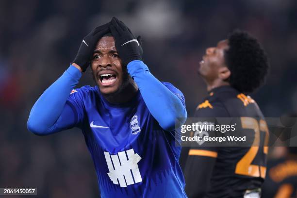 Ethan Laird of Birmingham City reacts during the Sky Bet Championship match between Hull City and Birmingham City at MKM Stadium on March 05, 2024 in...