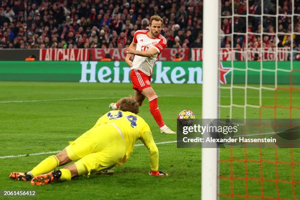 Harry Kane of Bayern Munich scores his team's third goal during the UEFA Champions League 2023/24 round of 16 second leg match between FC Bayern...