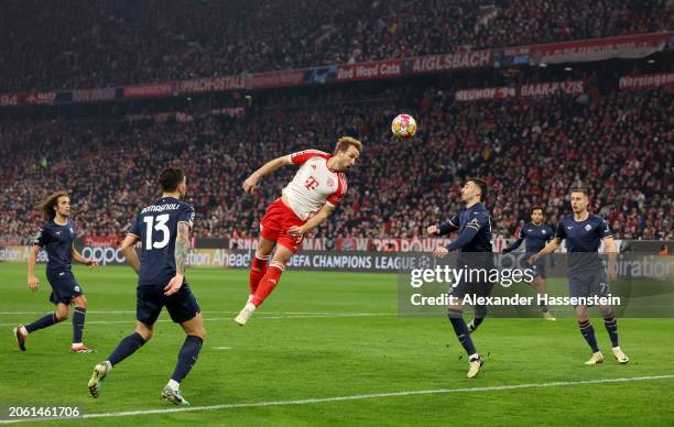 Harry Kane of Bayern Munich shoots with a header during the UEFA Champions League 2023/24 round of 16 second leg match between FC Bayern München and...