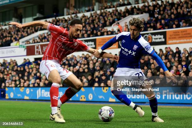 Zak Vyner of Bristol City and Jeremy Sarmiento of Ipswich Town battle for possession during the Sky Bet Championship match between Ipswich Town and...