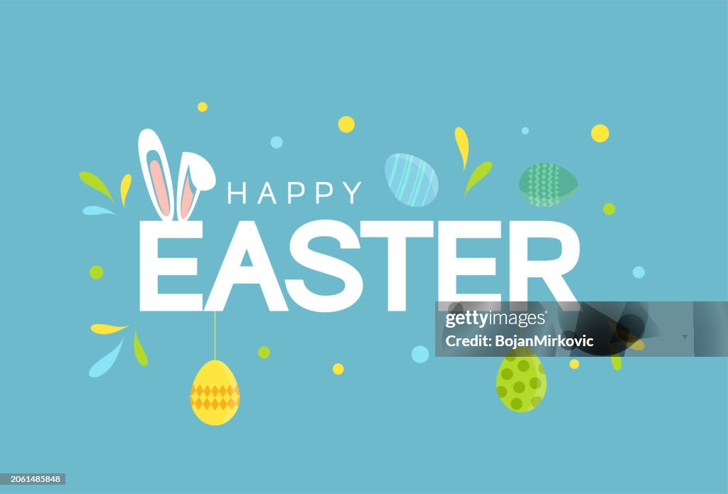 Easter colorful poster, background with eggs and bunny ears. Vector