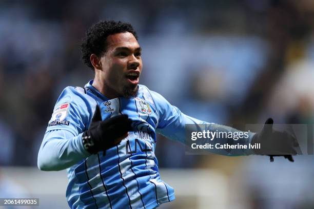 Milan van Ewijk of Coventry City celebrates victory in the Sky Bet Championship match between Coventry City and Rotherham United at The Coventry...