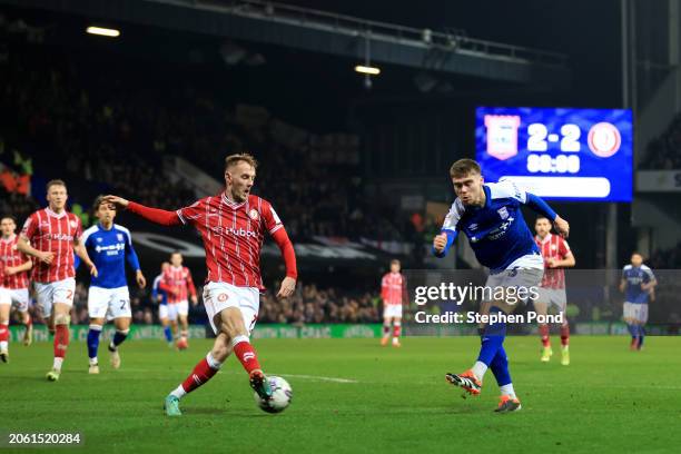 Leif Davis of Ipswich Town scores his team's third goal during the Sky Bet Championship match between Ipswich Town and Bristol City at Portman Road...