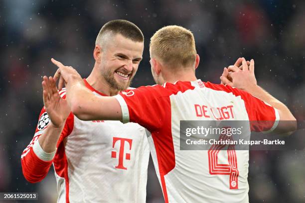 Eric Dier and Matthijs de Ligt of Bayern Munich celebrate victory in the UEFA Champions League 2023/24 round of 16 second leg match between FC Bayern...