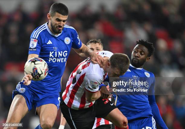 Header from Sunderland player Leo Hjelde appears to strike the arm of Leicester player Conor Coady during the Sky Bet Championship match between...