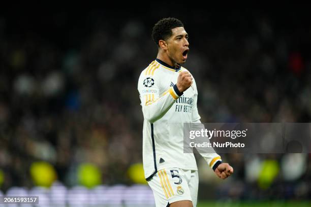 Jude Bellingham central midfield of Real Madrid and England celebrates the goal of his team during the UEFA Champions League 2023/24 round of 16...