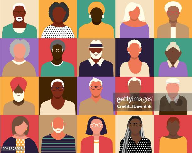 illustrations, cliparts, dessins animés et icônes de foule de personnes âgées ou de baby-boomers diversifiés avec des hommes et des femmes aux couleurs vives ensemble d’icônes - voile religieux