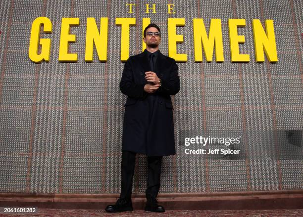 Theo James attends the UK Series Global Premiere of "The Gentlemen" at the Theatre Royal Drury Lane on March 05, 2024 in London, England.