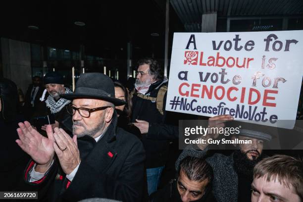 George Galloway arrives at a protest on the war in Gaza March 6, 2024 in London, England. Newly-elected Rochdale MP Galloway and the Worker's Party...