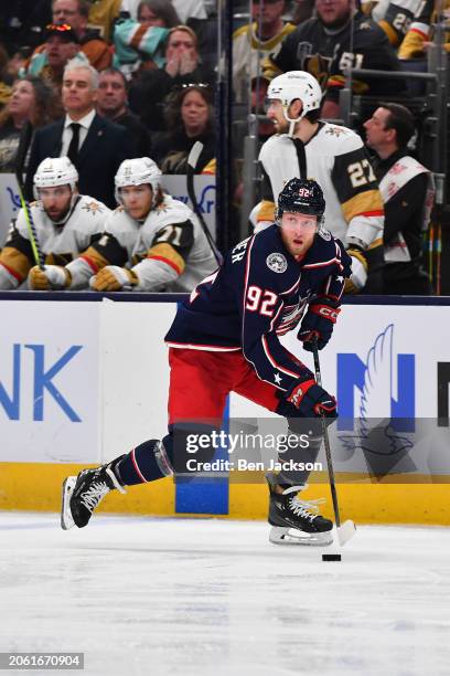 Alexander Nylander of the Columbus Blue Jackets skates with the puck during the third period of a game against the Vegas Golden Knights at Nationwide...