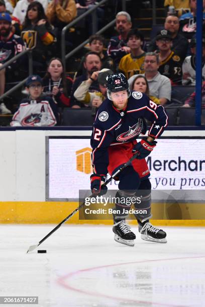 Alexander Nylander of the Columbus Blue Jackets skates with the puck during the third period of a game against the Vegas Golden Knights at Nationwide...