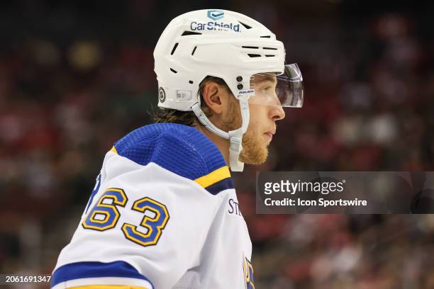 St. Louis Blues left wing Jake Neighbours looks on during a game between the St. Louis Blues and New Jersey Devils on March 7, 2024 at Prudential...