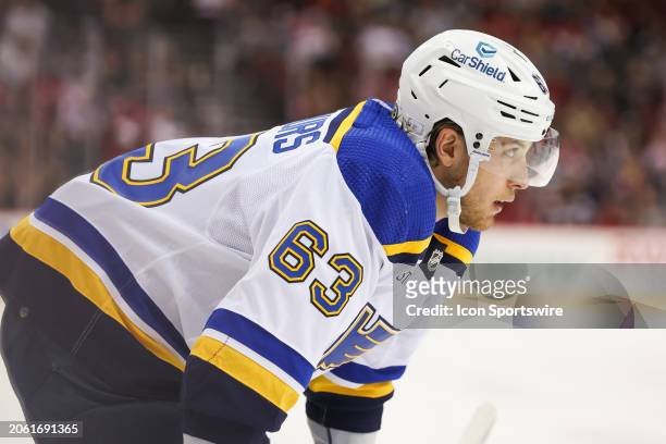 St. Louis Blues left wing Jake Neighbours looks on during a game between the St. Louis Blues and New Jersey Devils on March 7, 2024 at Prudential...