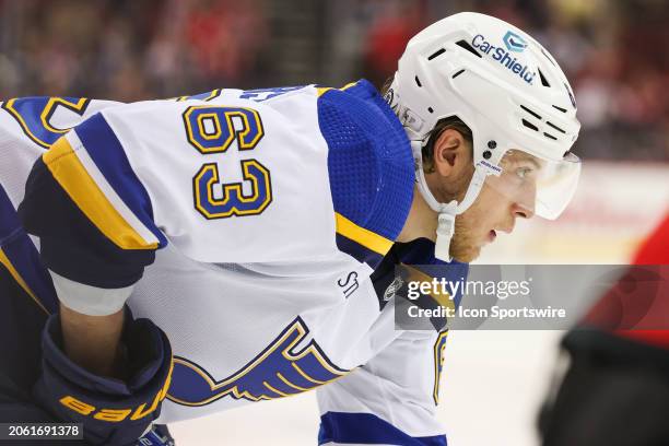 St. Louis Blues left wing Jake Neighbours looks on during a game between the St. Louis Blues and New Jersey Devils on March 7, 2024 at Prudential...