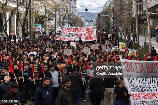 Student holding banners and flags take part in a protest against the government's new university reform in Athens, Greece on March 08, 2024.