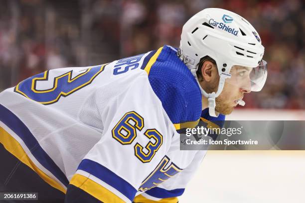 St. Louis Blues left wing Jake Neighbours looks on during a game between the St. Louis Blues and New Jersey Devils on March 7, 2024 at Prudential...