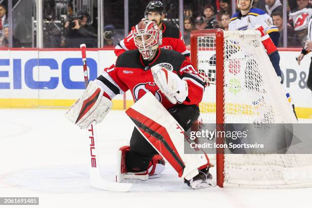 New Jersey Devils goaltender Nico Daws tends the net during a game between the St. Louis Blues and New Jersey Devils on March 7, 2024 at Prudential...