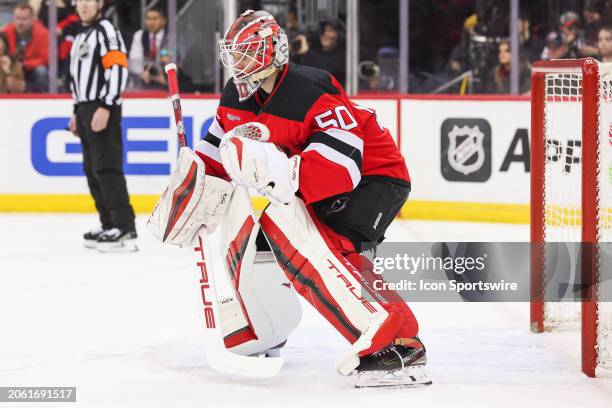 New Jersey Devils goaltender Nico Daws tends the net during a game between the St. Louis Blues and New Jersey Devils on March 7, 2024 at Prudential...