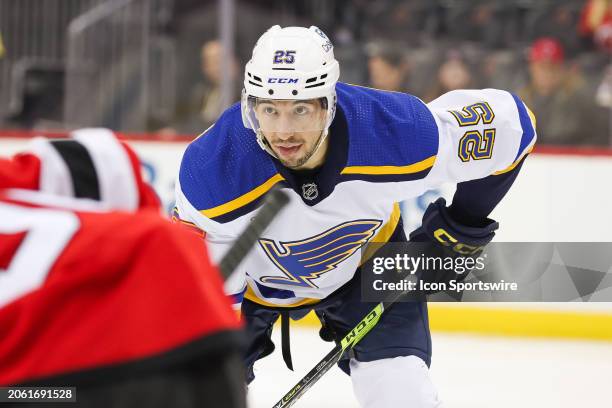 St. Louis Blues center Jordan Kyrou looks on during a game between the St. Louis Blues and New Jersey Devils on March 7, 2024 at Prudential Center in...