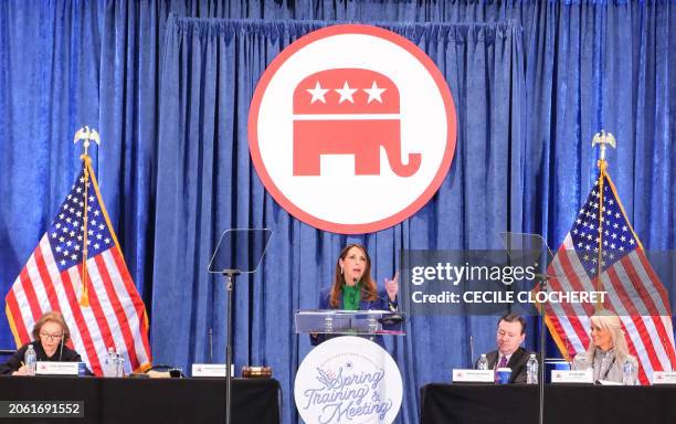 Outgoing Republican National Committee Chairwoman Ronna McDaniel speaks at the RNC Spring meeting on March 8 in Houston, Texas. The RNC elected Lara...