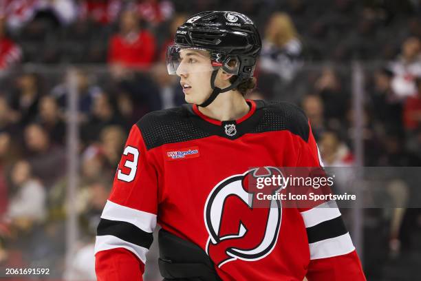 New Jersey Devils defenseman Luke Hughes looks on during a game between the St. Louis Blues and New Jersey Devils on March 7, 2024 at Prudential...