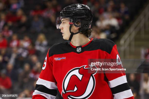 New Jersey Devils defenseman Luke Hughes looks on during a game between the St. Louis Blues and New Jersey Devils on March 7, 2024 at Prudential...