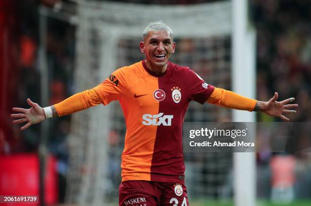 Lucas Torreira of Galatasaray celebrates after scoring his team's second goal during the Turkish Super League match between Galatasaray and Rizespor...