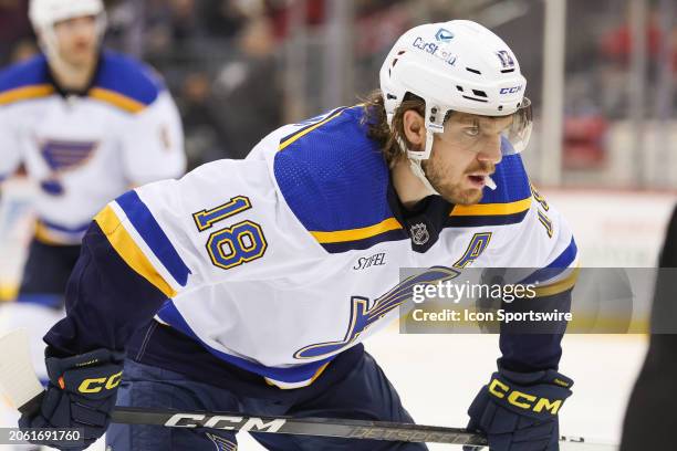 St. Louis Blues center Robert Thomas takes a face-off during a game between the St. Louis Blues and New Jersey Devils on March 7, 2024 at Prudential...