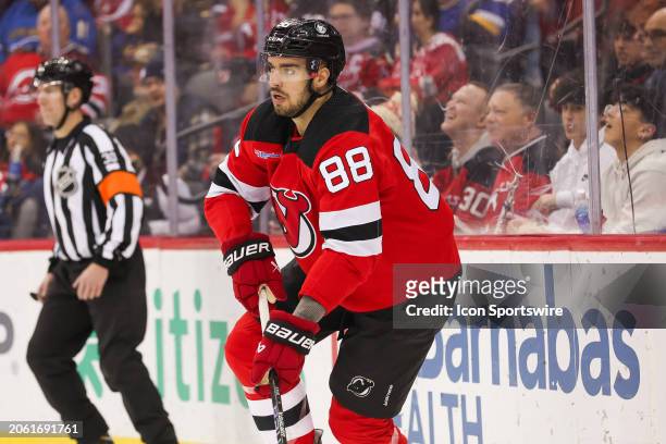 New Jersey Devils defenseman Kevin Bahl skates during a game between the St. Louis Blues and New Jersey Devils on March 7, 2024 at Prudential Center...