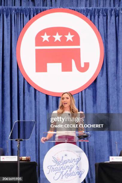 Lara Trump, daughter-in-law of former US President Donald Trump, speaks at the Republican National Committee Spring meeting on March 8 in Houston,...