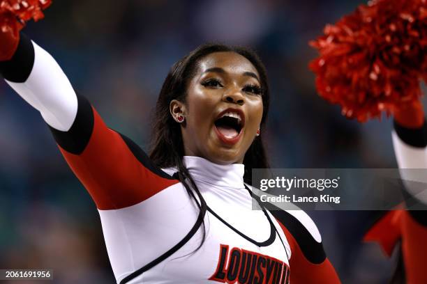 Cheerleader of the Louisville Cardinals performs during the second half of the game against the Notre Dame Fighting Irish in the Quarterfinals of the...