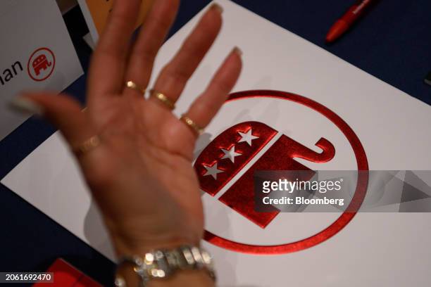 The Republican National Committee logo during the Republican National Committee spring meeting in Houston, Texas, US, on Friday, March 8, 2024. Close...