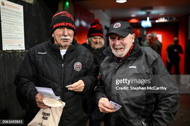 Dublin , Ireland - 8 March 2024; Bohemians half-time raffle ticket seller Jimmy O'Connor, left, and Charles Mooney before the SSE Airtricity Men's...