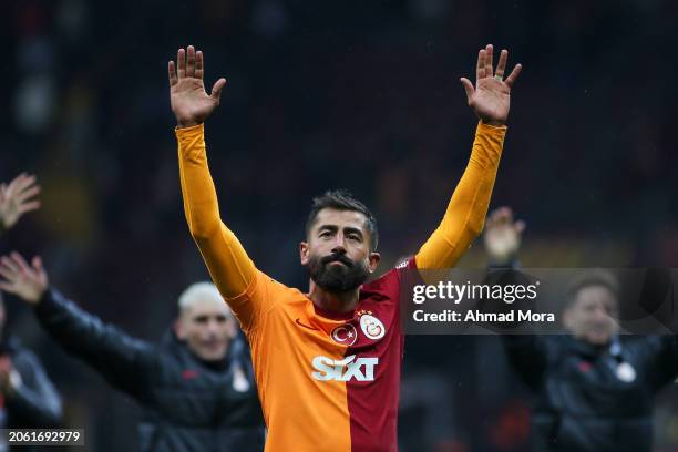 Kerem Demirbay of Galatasaray celebrates victory during the Turkish Super League match between Galatasaray and Rizespor at Rams Park on March 8, 2024...