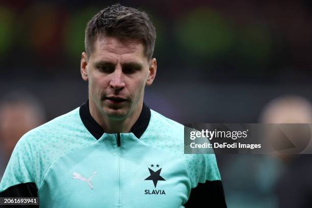 Lukas Masopust of Slavia Praha warm up prior to the UEFA Europa League 2023/24 round of 16 first leg match between AC Milan and Slavia Praha at...